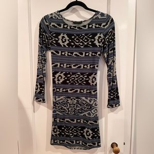 Indah. Small. Blue/black Ikat print dress.